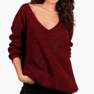 Red Oversized V Neck Sweater